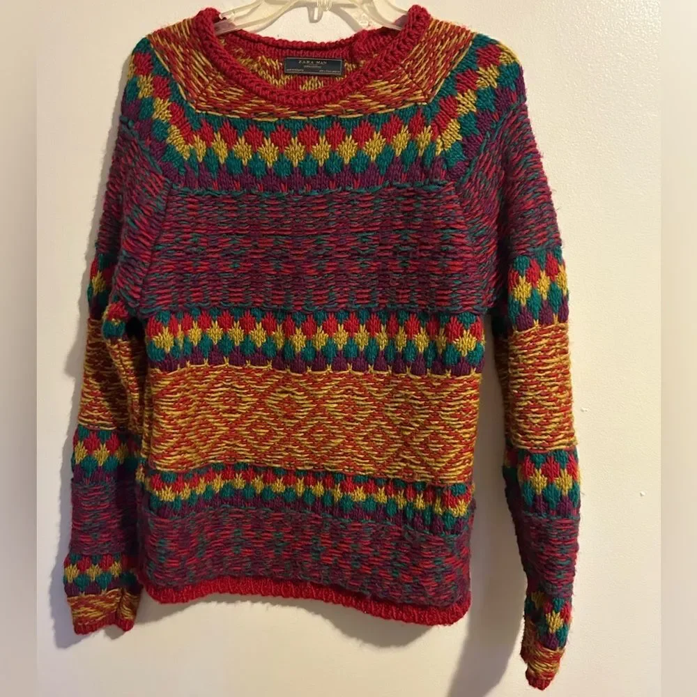 Zara Man Jaquard Multicolored Chunky Sweater Size Large